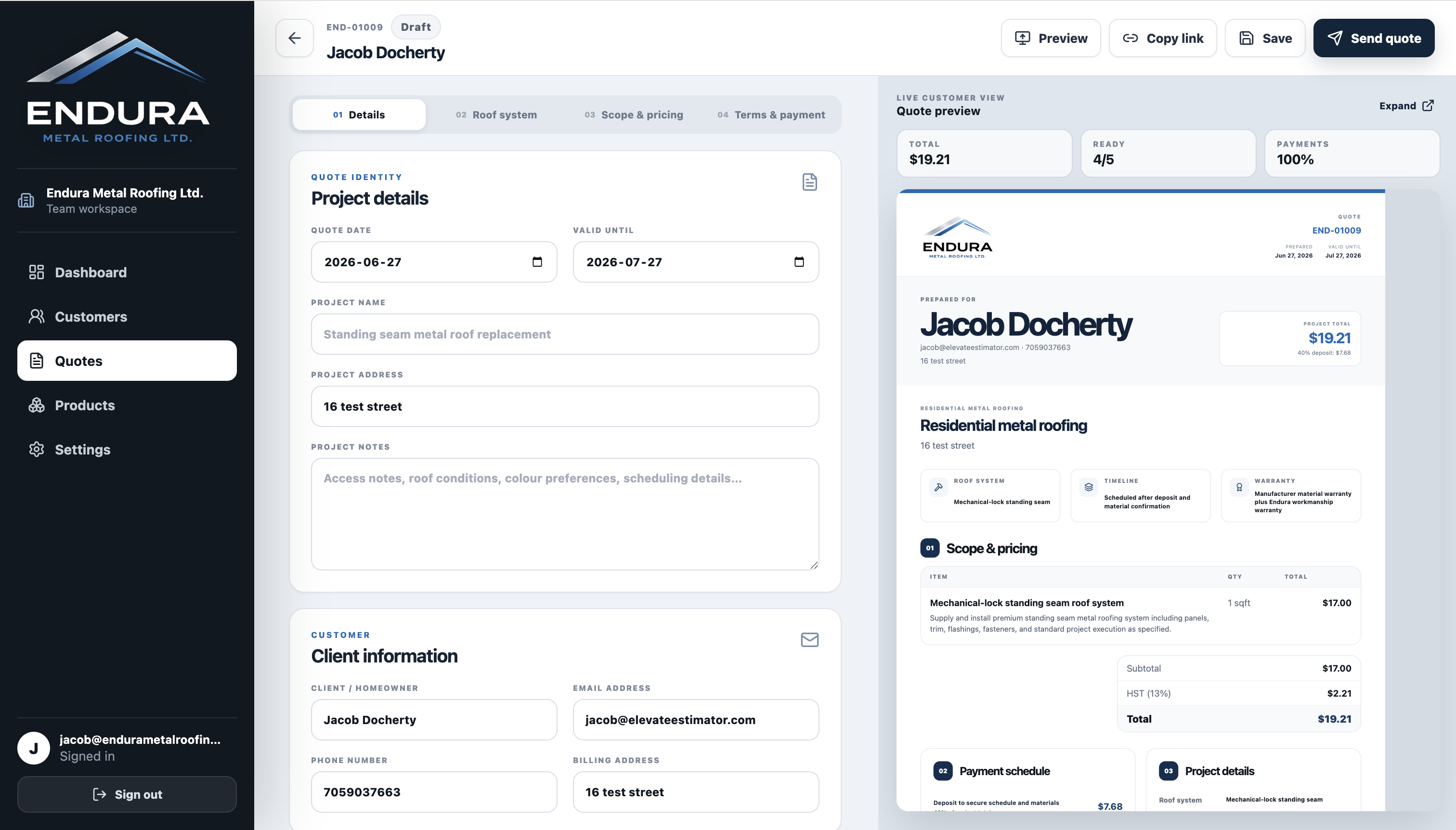 Custom Quoting Tool quote builder interface