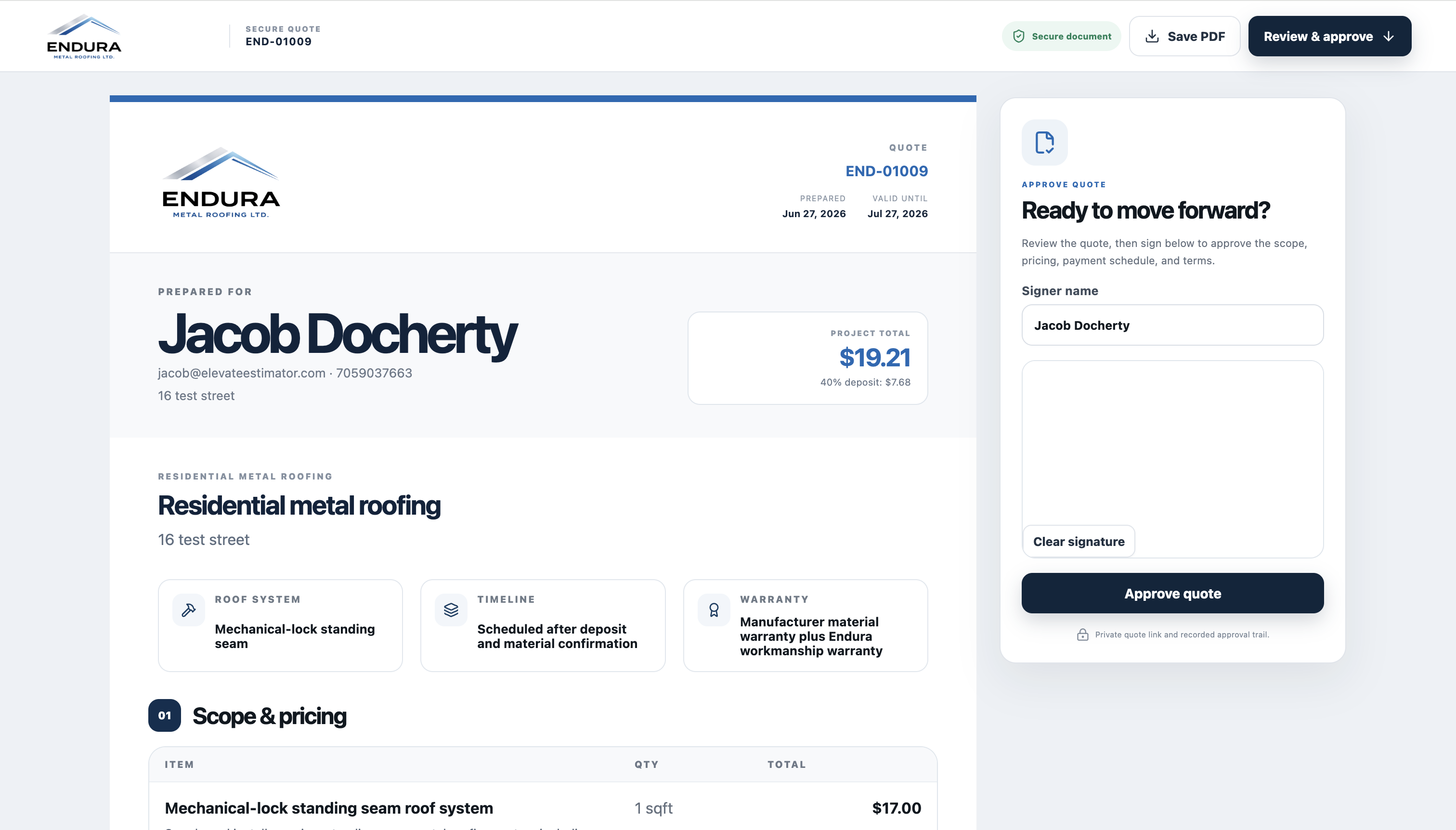 Customer-facing quote proposal view