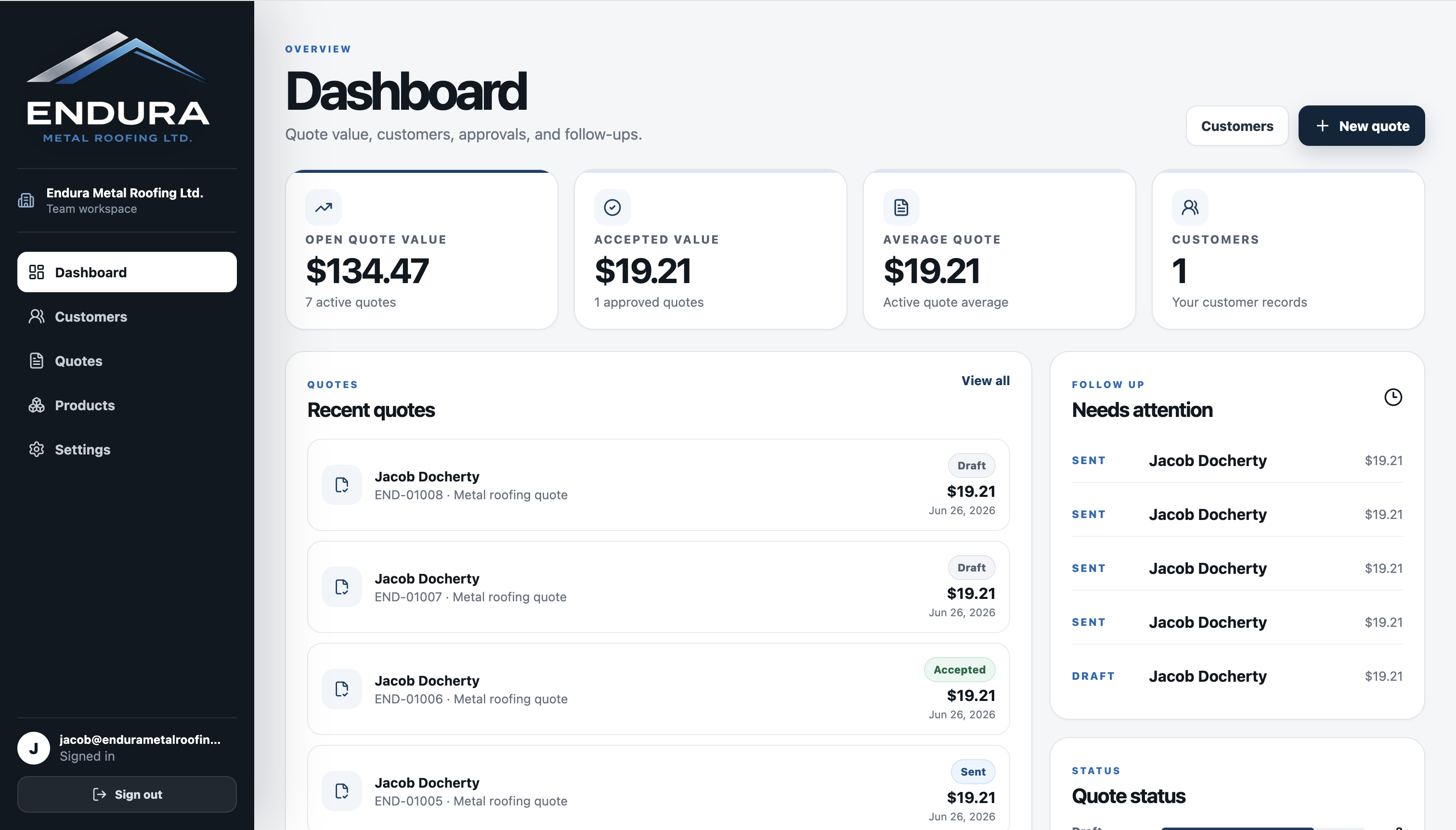 Custom Quoting Tool dashboard screen