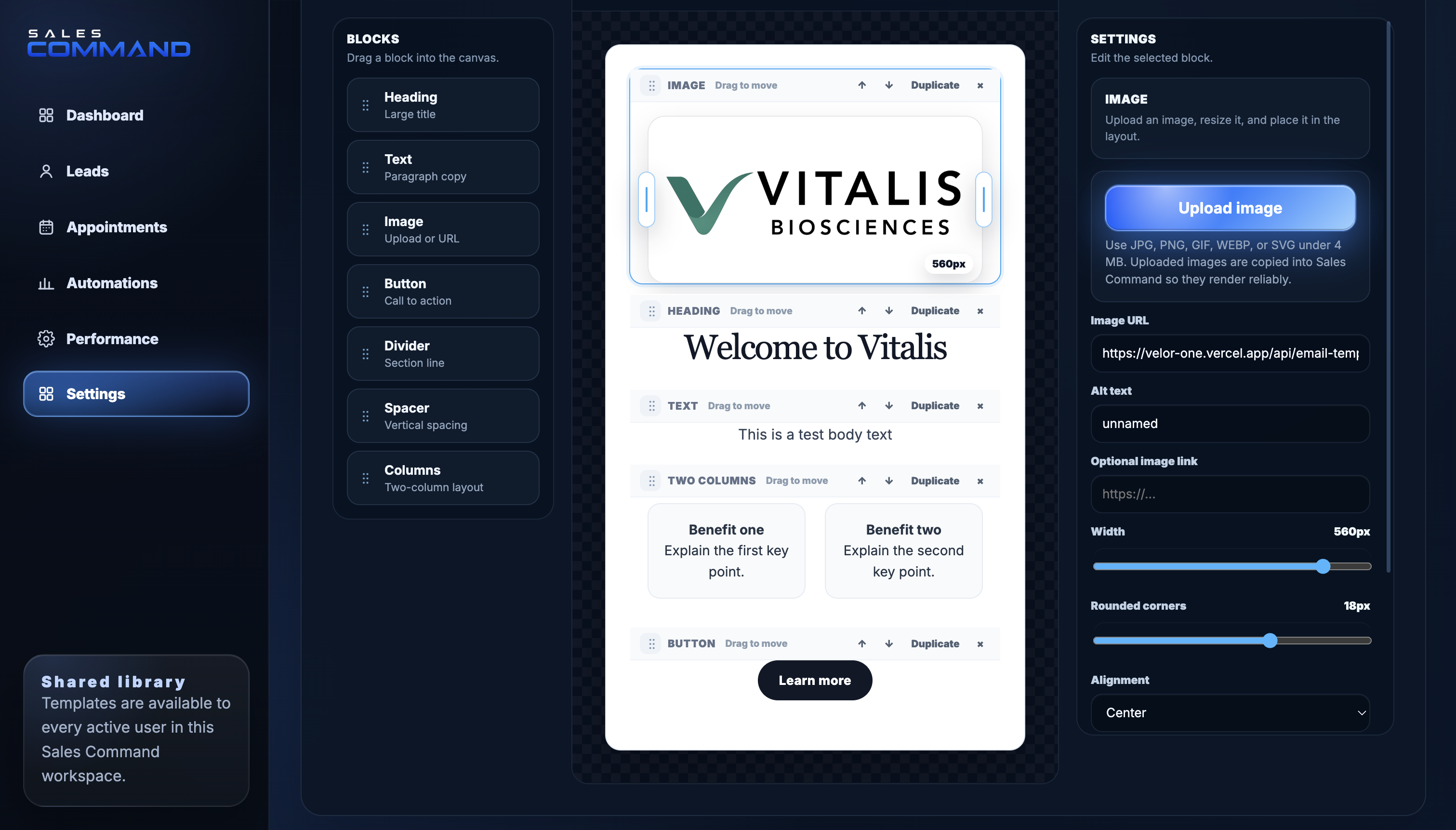 Sales Command custom email builder