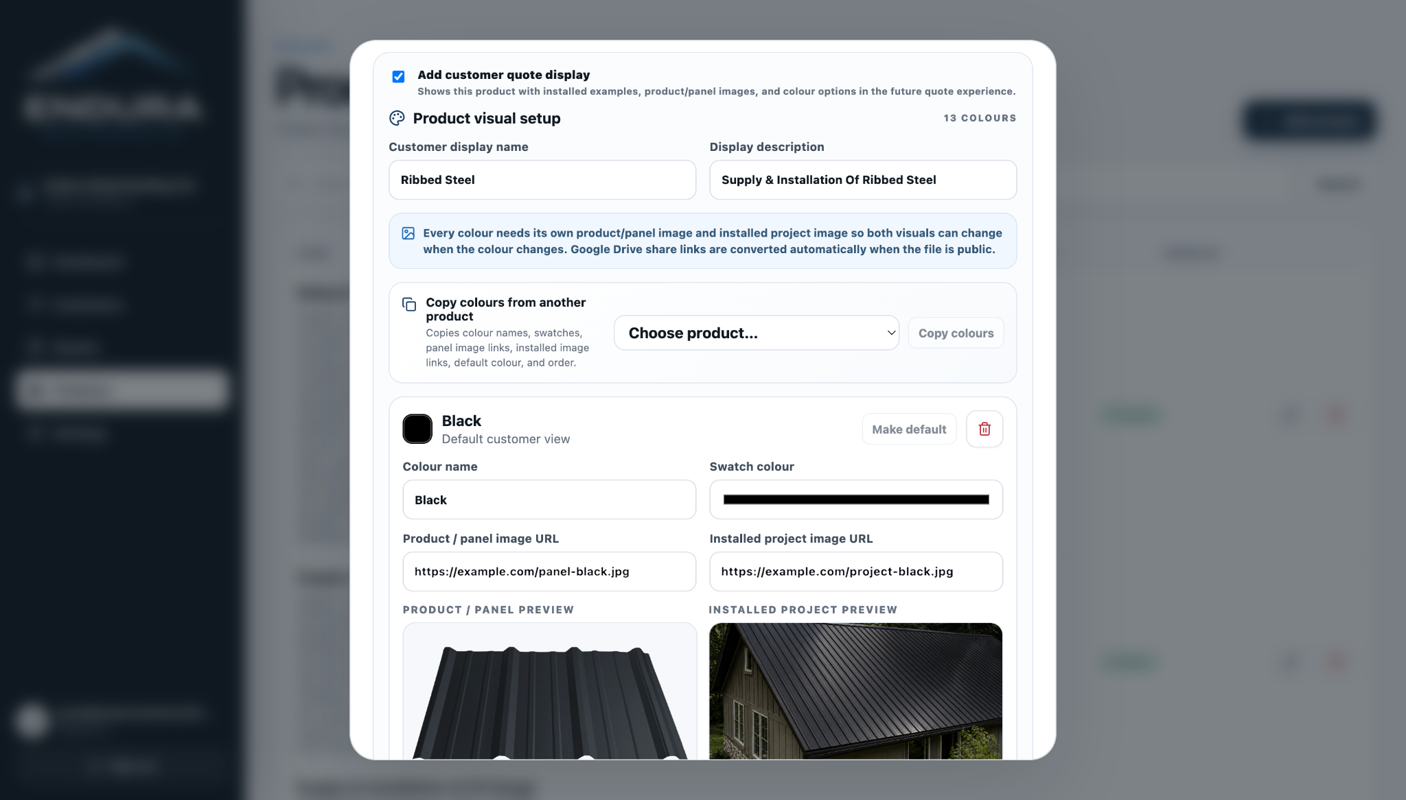 An anonymized Endura product visual setup with panel imagery, installed examples and colour options.