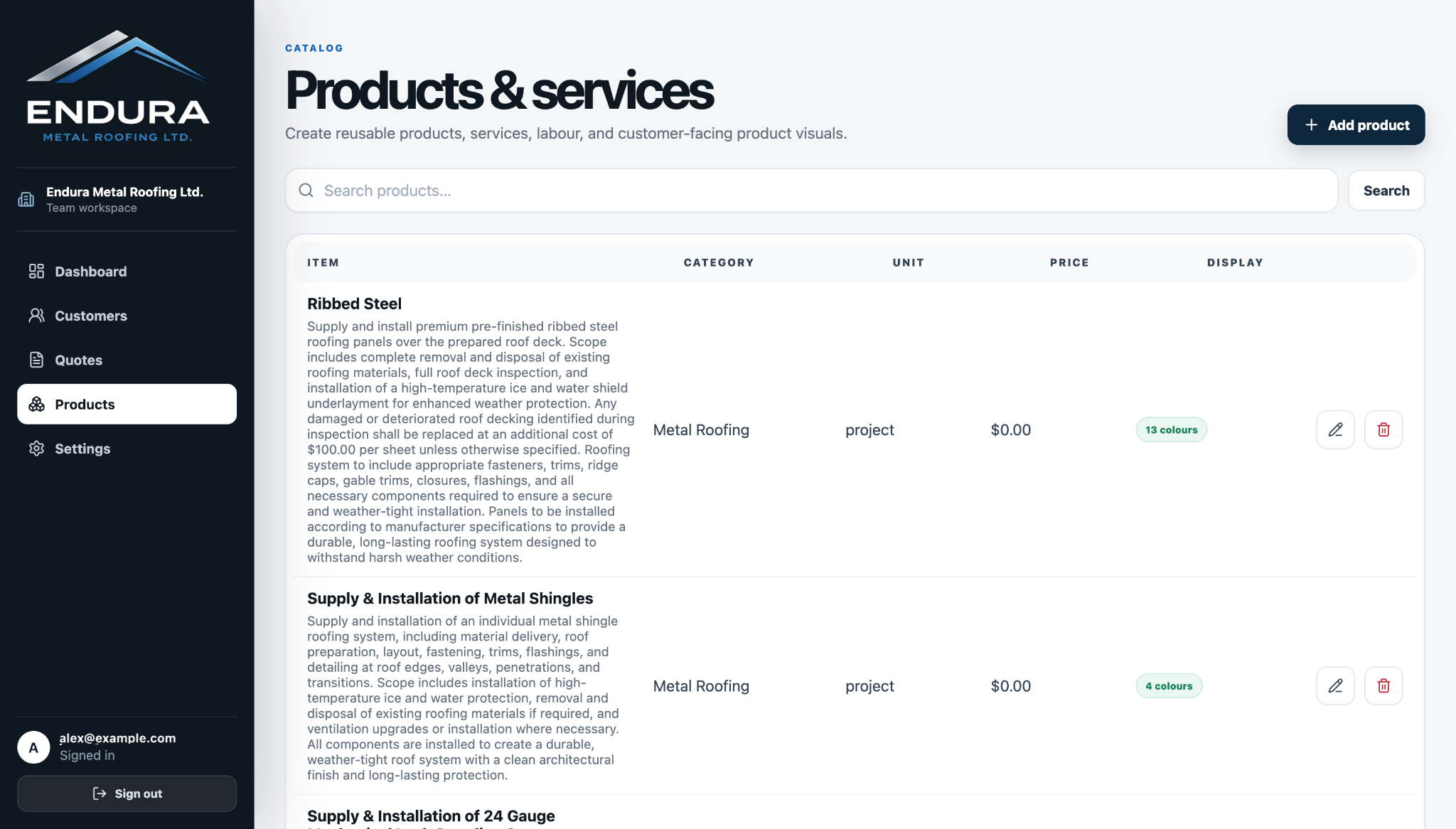 An anonymized Endura Quoting product and service catalog with reusable roofing scopes.
