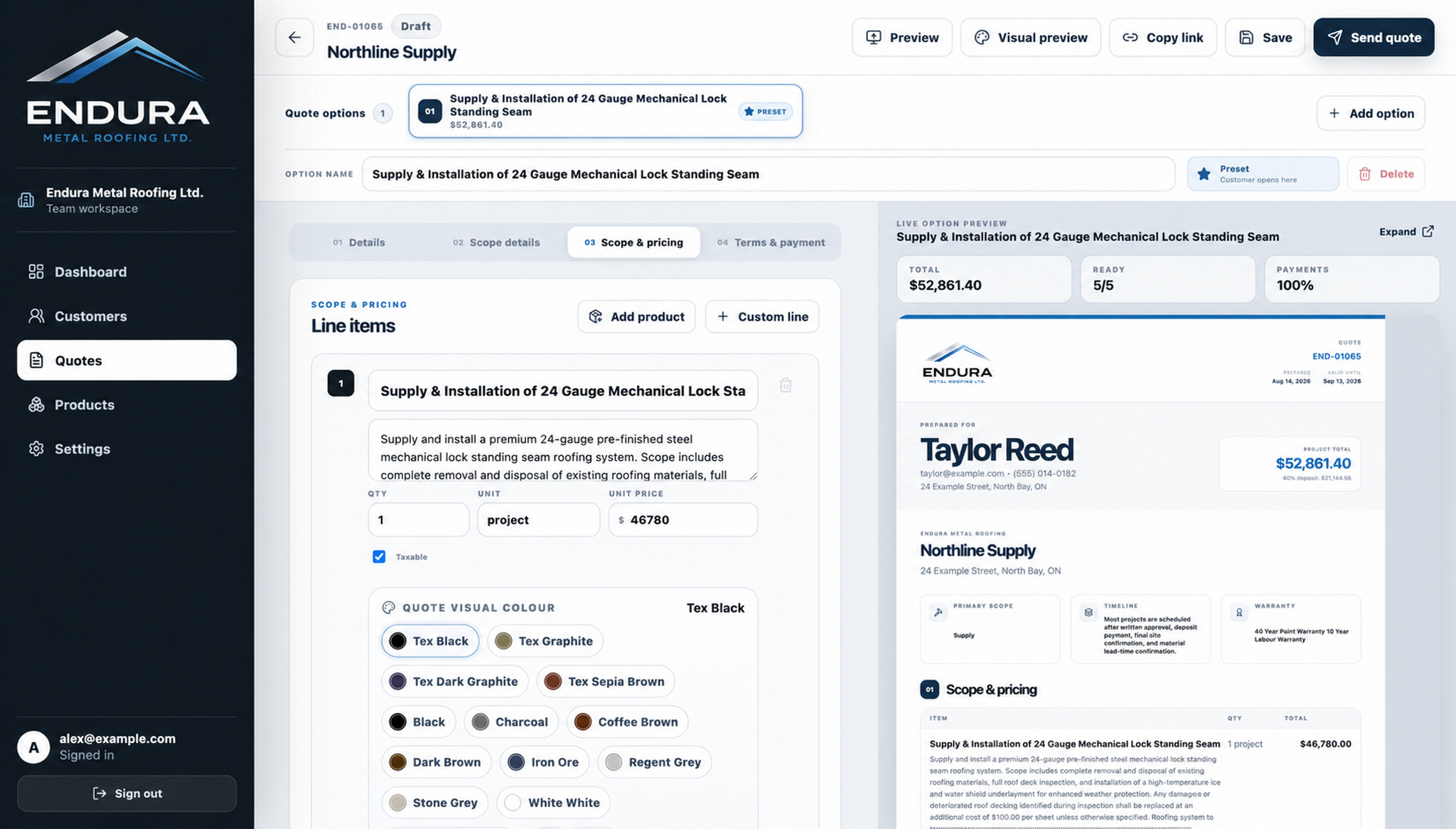 An anonymized Endura quote builder with scope, pricing and a live customer proposal preview.