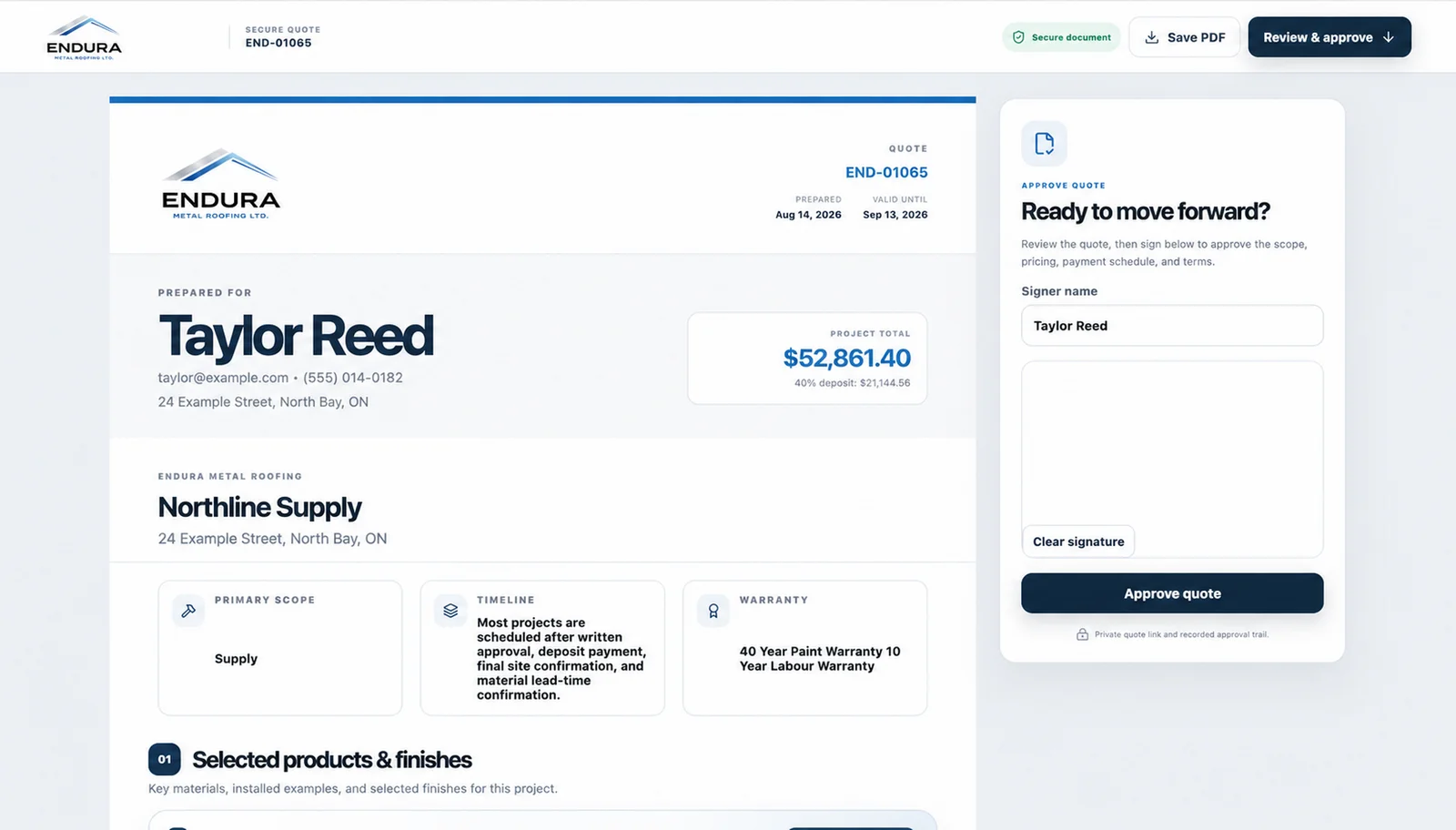 Custom quoting software with product finishes and digital approval, shown using Endura’s customer interface