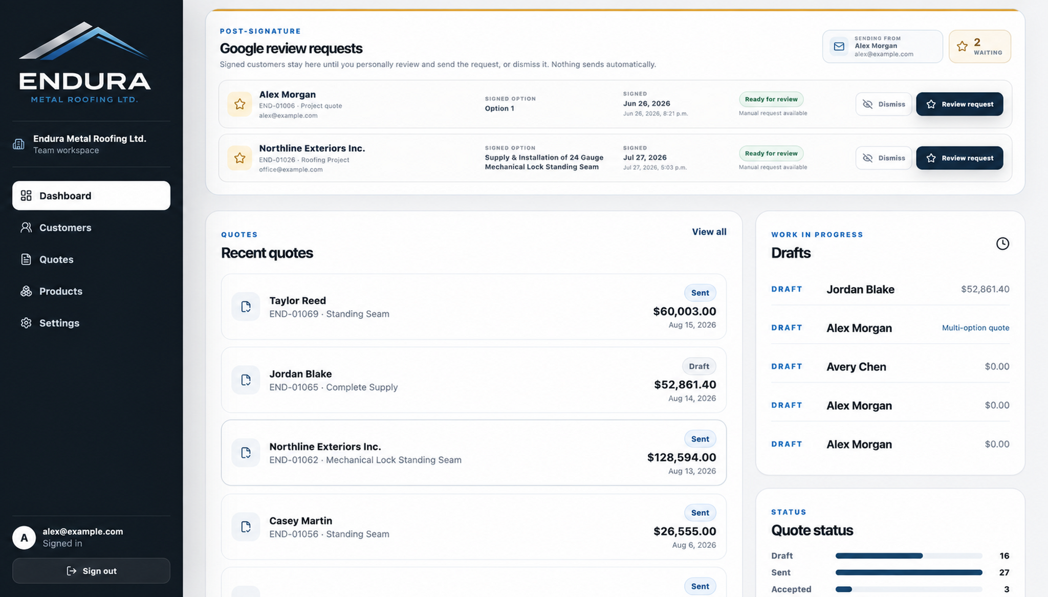 An anonymized Endura Quoting workspace showing recent quotes, drafts and review requests.