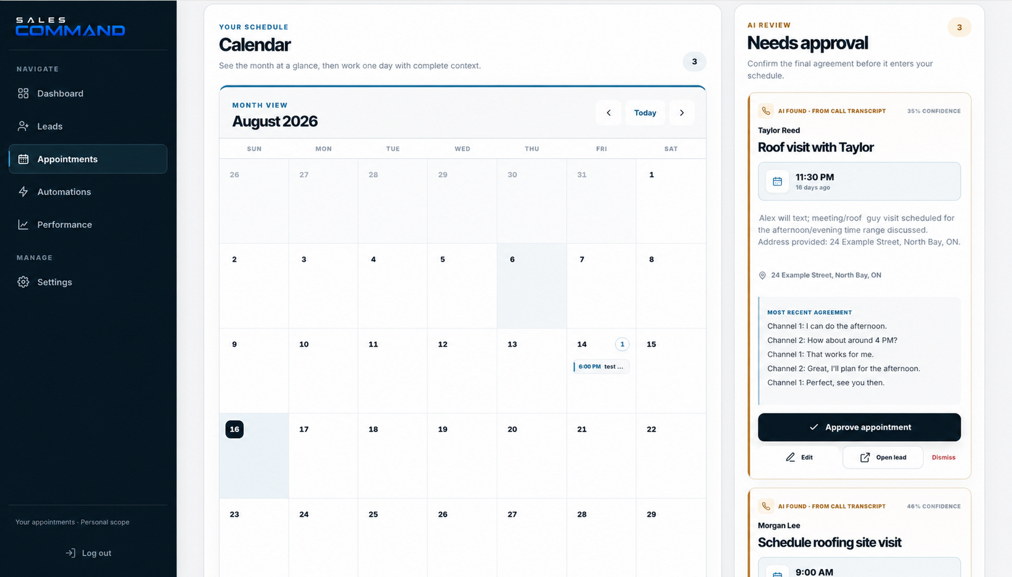 An anonymized Sales Command calendar with AI-reviewed appointments awaiting confirmation.