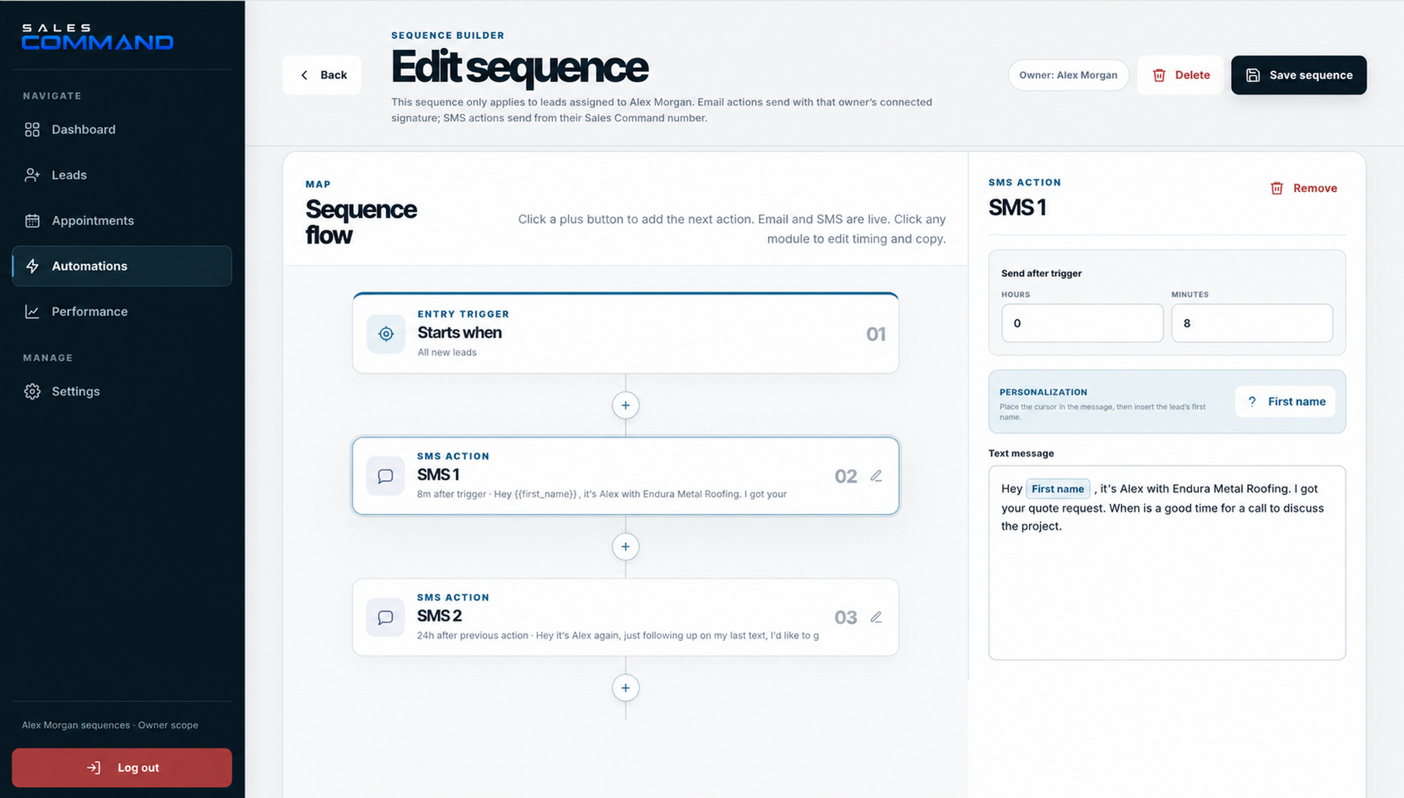 An anonymized Sales Command automation builder showing a personalized outreach sequence.