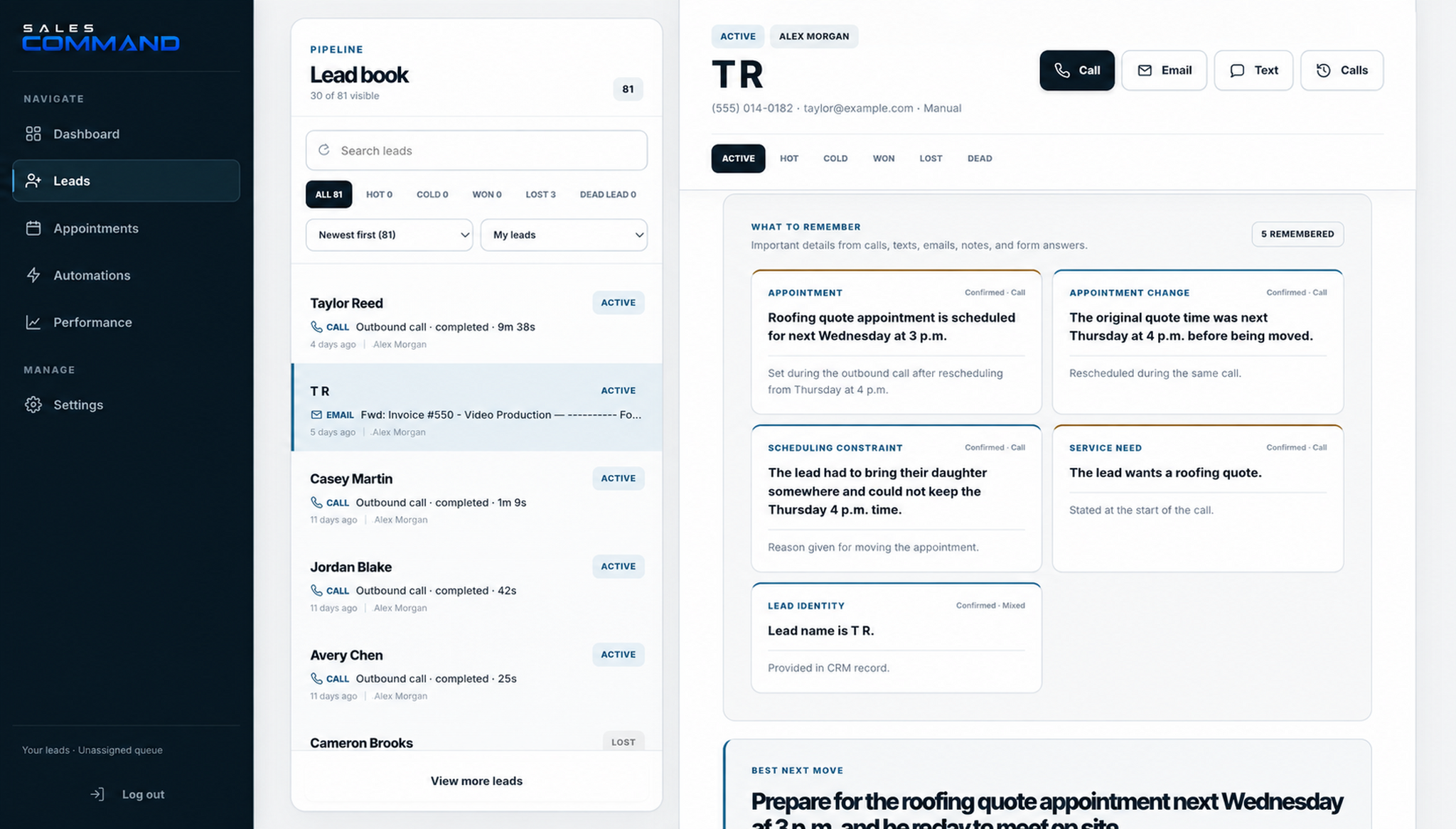 An anonymized Sales Command lead workspace showing a leadbook, remembered details and a recommended next move.
